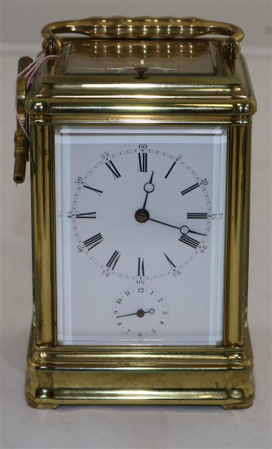 A Drocourt & Cie hour repeating brass alarum quarter repeating carriage clock, 5.75in.